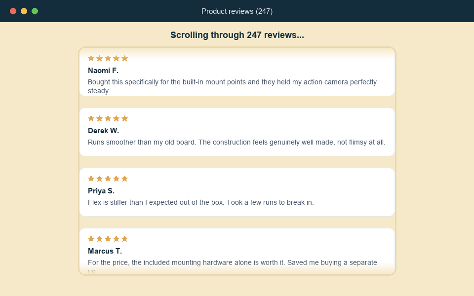 Long scrolling list of dozens of product reviews, illustrating too many reviews for a shopper to read