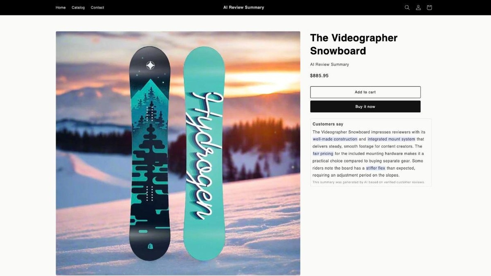 SummarAI AI-generated review summary shown on a Shopify product page next to Add to Cart
